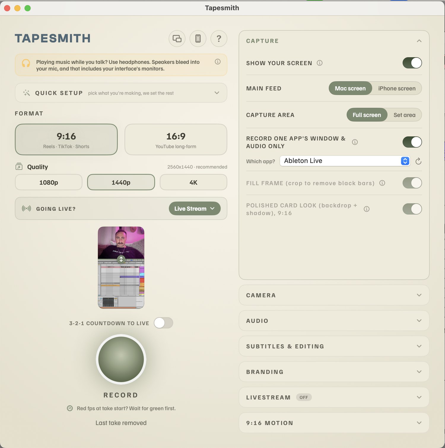 The Tapesmith app open on a Mac, set to record an Ableton Live session